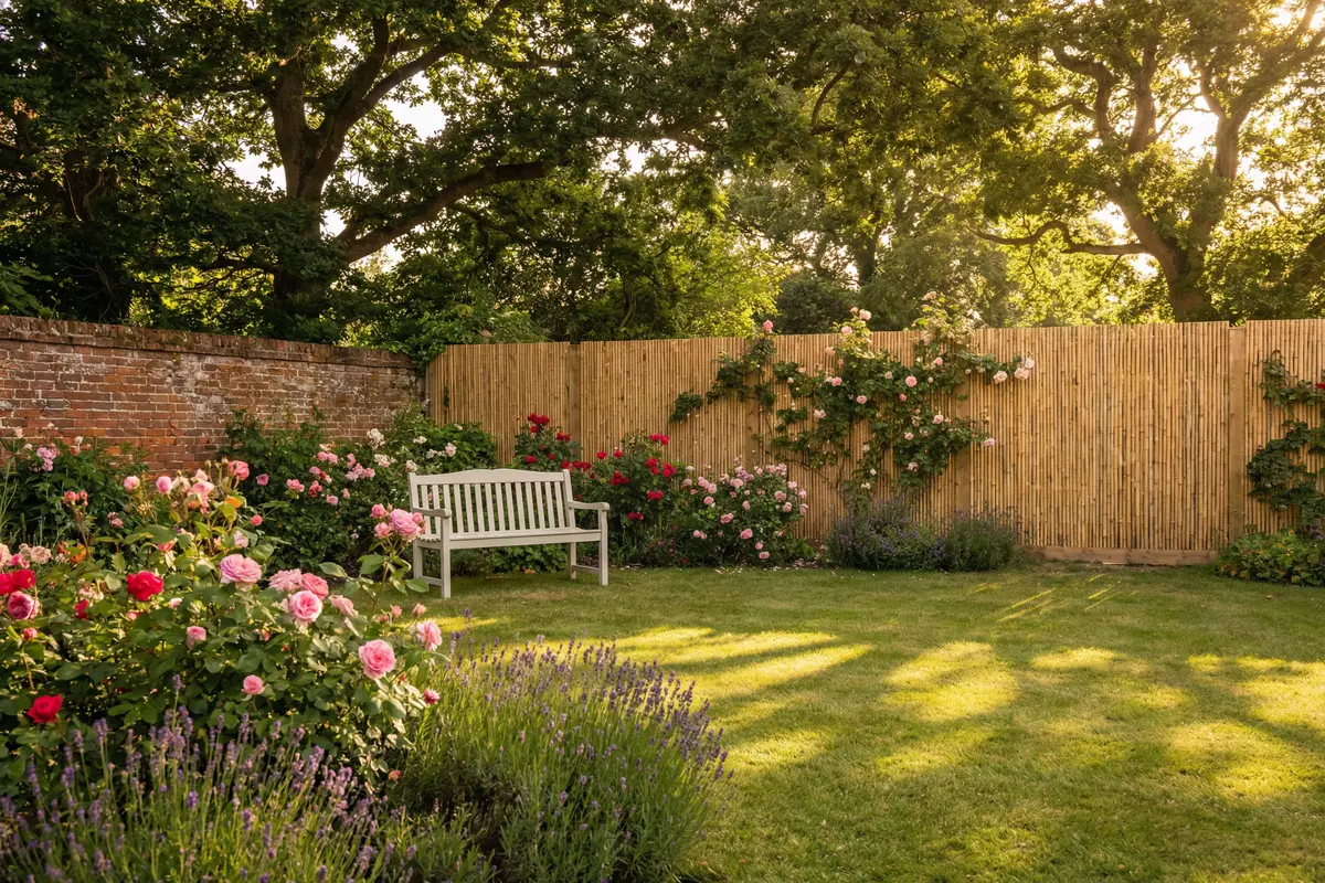 English country garden with natural bamboo fence panel by Rongjia