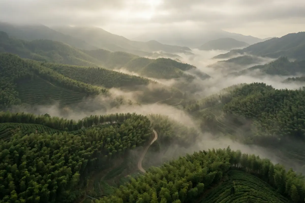 Aerial view of misty bamboo forest in Fujian province China — Rongjia source material