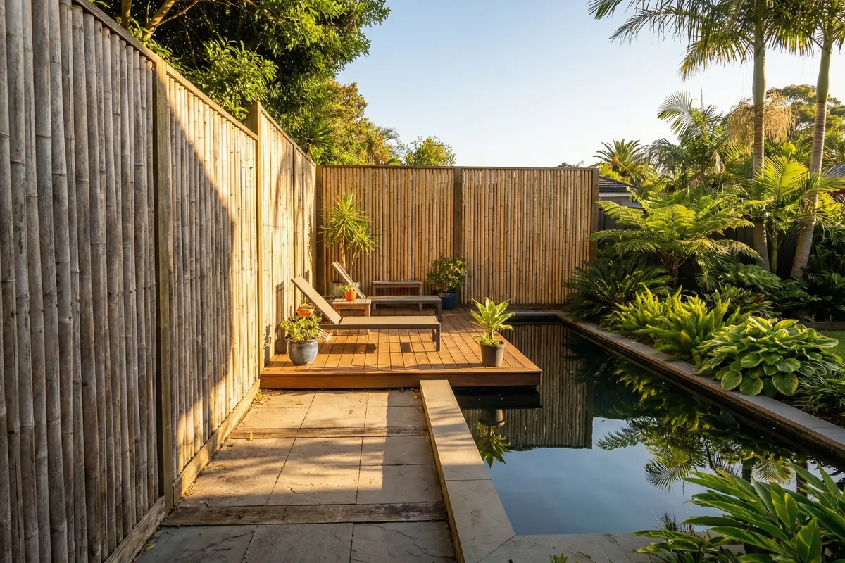 Modern backyard with bamboo fence privacy screen, deck and reflecting pool