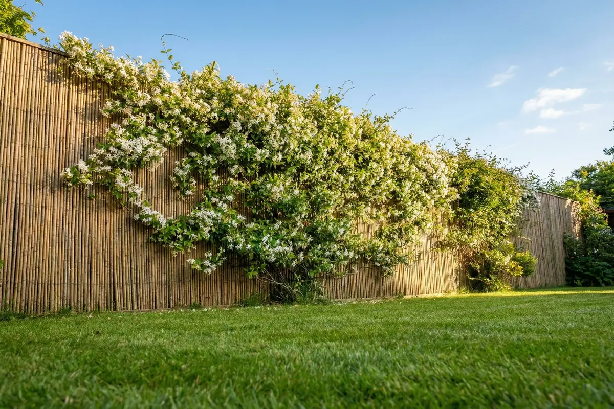 Suburban garden with natural bamboo fence panel and climbing plants