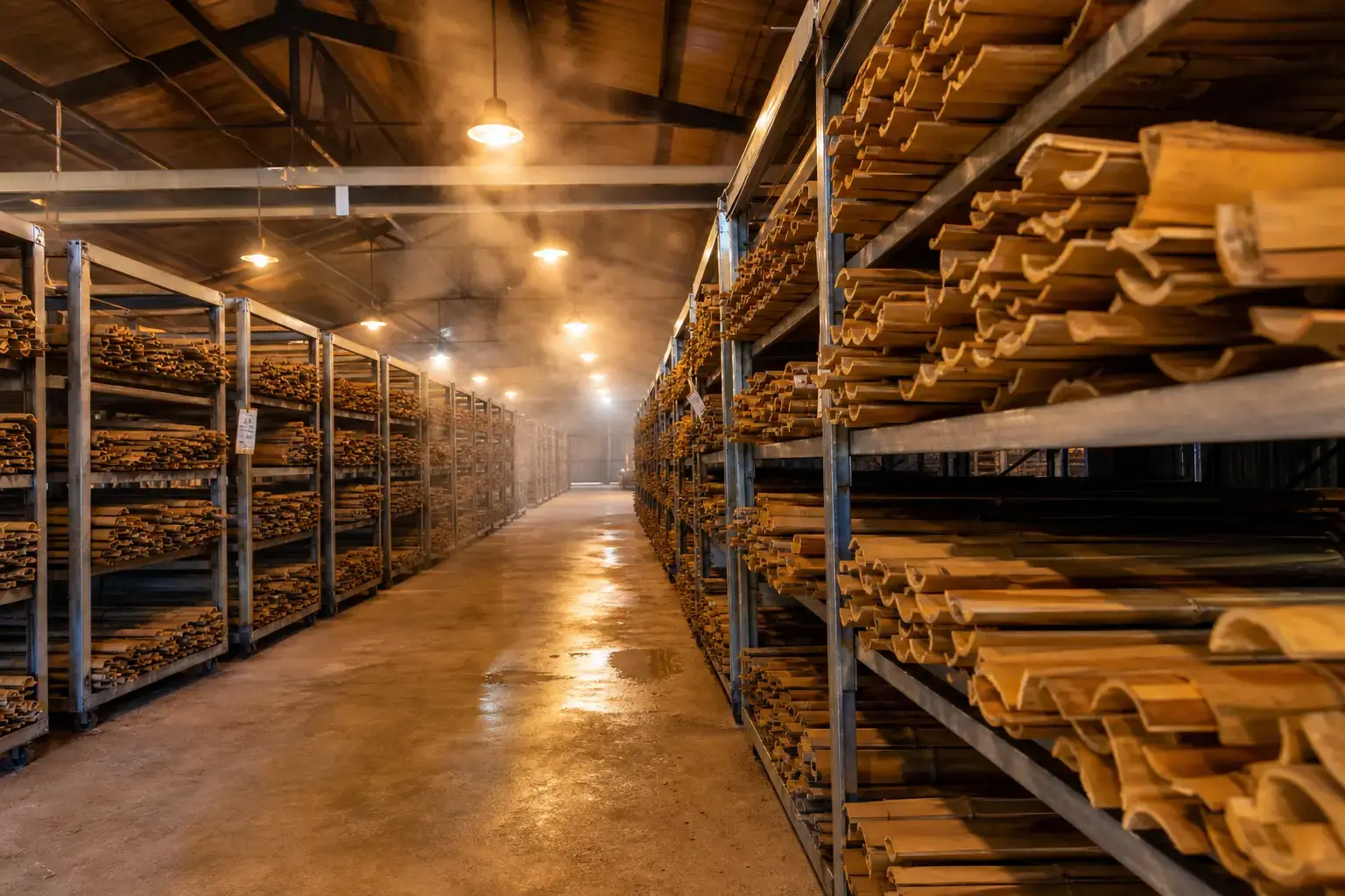 Bamboo slats drying in Rongjia kiln facility — moisture control for premium bamboo panels