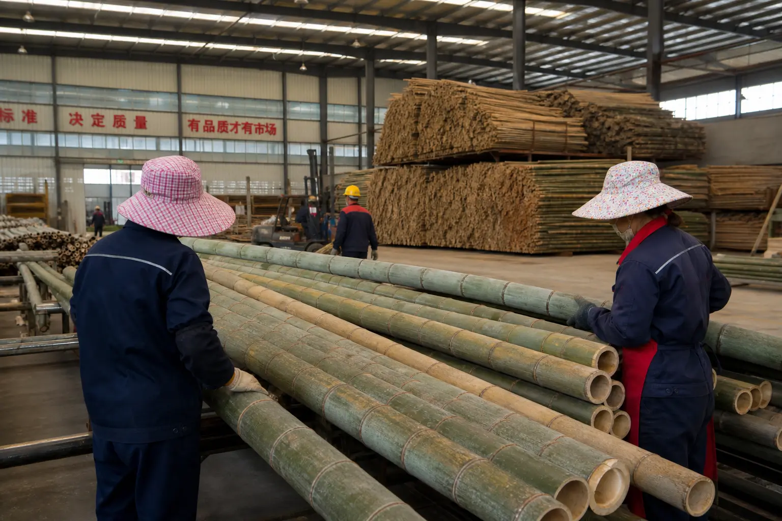 Rongjia factory workers hand-grading Moso bamboo culms for bamboo panel quality control